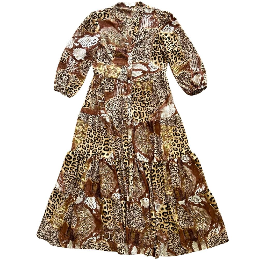 Cristina Sabatini Tiered Maxi Dress Leopard Snake Animal Print Boho Brazil‎ XL